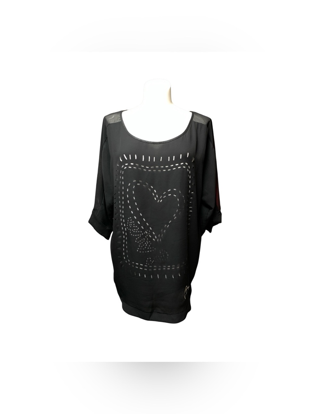 Desigual Black Scoop Neck Tunic with Heart Motif Size L